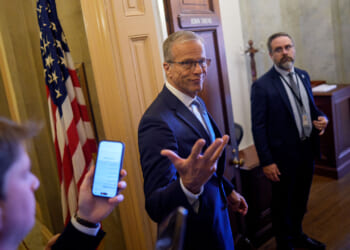 Senate Majority Leader John Thune (R-SD) gestures while speaking to reporters as he walks into his office at the U.S. Capitol Building on May 21, 2026 in Washington, DC.