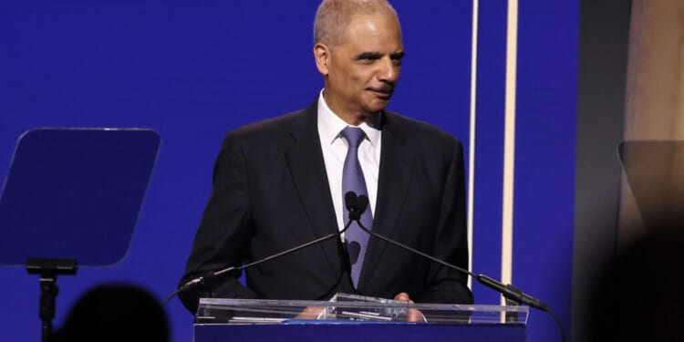 Eric Holder speaks onstage during the Legal Defense Fund 36th National Equal Justice Awards Dinner at The Glasshouse on May 16, 2024 in New York City. (Photo by Jemal Countess/Getty Images for Legal Defense Fund)