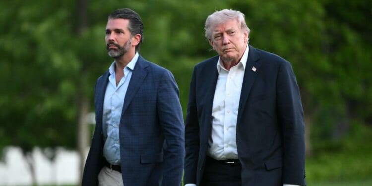 President Donald Trump and Donald Trump Jr. walk on the south lawn toward the White House in Washington, D.C., on May 3, 2026.