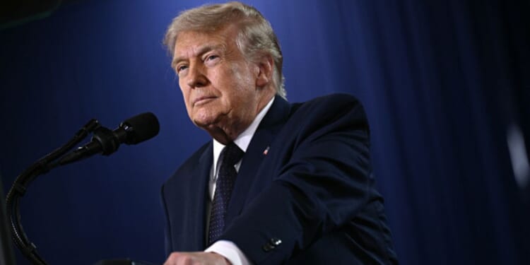 President Trump stands at a podium delivering a speech at the Rockford Community College in Suffern, New York on May 22, 2026.