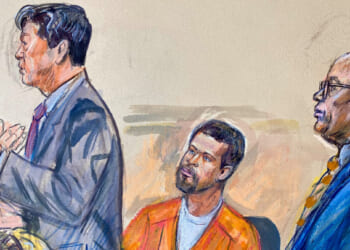 A courtroom sketch of defendant Cole Tomas Allen entering a plea on Monday.