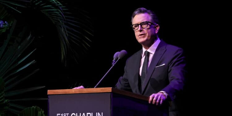 Stephen Colbert speaks onstage during the 51st Chaplin Award Gala honoring George Clooney at Alice Tully Hall, Lincoln Center, on April 27, 2026, in New York City.