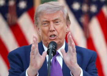 President Donald Trump delivers remarks at a "Rose Garden Club" dinner for National Police Week in the Rose Garden at the White House on May 11, 2026, in Washington, D.C.