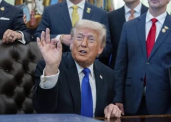 President Trump speaks in the Oval Office on April 30, 2026 flanked by administration officials.