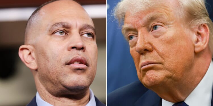 President Donald Trump said in a social media post that House Minority Leader Hakeem Jeffries, left, should be charged with inciting violence.
