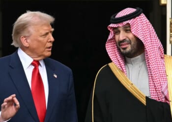 President Donald Trump greets Crown Prince and Prime Minister of the Kingdom of Saudi Arabia Mohammed bin Salman on the South Lawn at the White House in Washington, D.C., on Nov. 18, 2025.