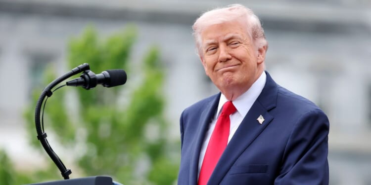 President Donald Trump gives a speech during the State Arrival Ceremony on the South Lawn on day two of the State Visit of King Charles III and Queen Camilla to the United States of America, on April 28, 2026, in Washington, D.C.