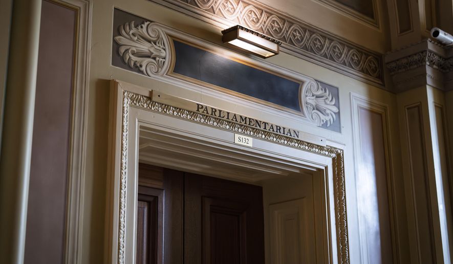 The office of Senate Parliamentarian Elizabeth MacDonough is seen at the Capitol in Washington, Friday, June 27, 2025. (AP Photo/J. Scott Applewhite)
