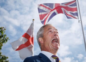 Reform U.K. leader Nigel Farage speaks with media Friday following the 2026 local election results in Romford, England. Voters went to the polls yesterday in the local elections across England. Results counted overnight show widespread losses for the Labour Party.