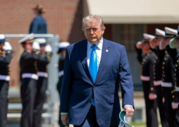 President Donald Trump arrives to the commencement ceremony on Cadet Memorial Field at the United States Coast Guard Academy on May 20, 2026, in New London, Connecticut.