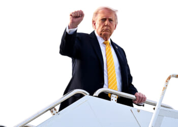 President Donald Trump raises a fist as he departs Doral, Florida en route to his Palm Beach mansion on May 02, 2026 in Palm Beach, Florida. (Roberto Schmidt/Getty Images)