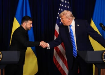 U.S. President Donald Trump and Ukrainian President Volodymyr Zelensky shaking hands