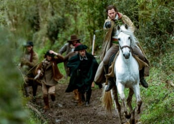 A man rides a horse during a scene in the movie "Victory or Death."