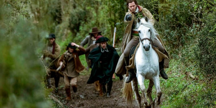 A man rides a horse during a scene in the movie "Victory or Death."
