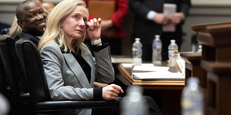 RICHMOND, VIRGINIA - MARCH 02: Gov. Abigail Spanberger becomes emotional during the investiture ceremony of Chief Justice Cleo E. Powell in the chamber of the Supreme Court of Virginia, on March 2, 2026 in Richmond, Virginia. Powell is the first African-American woman Chief Justice of the Virginia Supreme Court. (Photo by Mike Kropf-Pool/Getty Images)