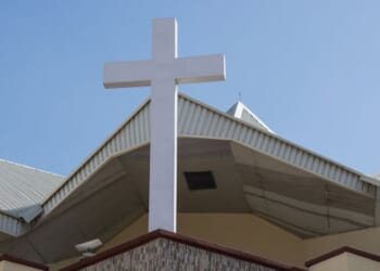A cross is displayed outside the Ekklesiyar Yan'uwa, a Nigeria Local Church Council in Maiduguri on Dec. 27, 2025.