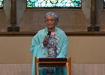 Nigeria's First Lady Oluremi Tinubu speaks during a visit to Lambeth Palace in central London on March 19, 2026, on the second day of a two-day state visit to the United Kingdom by Nigeria's president.