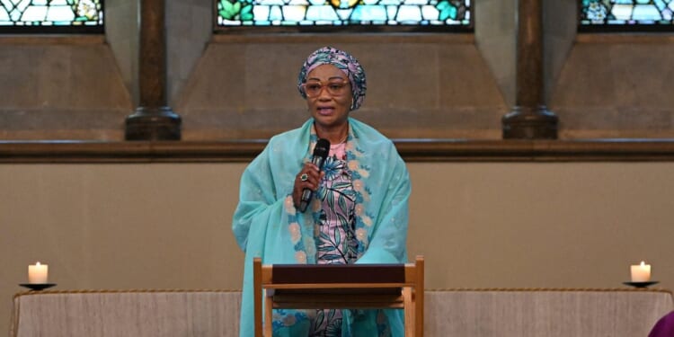 Nigeria's First Lady Oluremi Tinubu speaks during a visit to Lambeth Palace in central London on March 19, 2026, on the second day of a two-day state visit to the United Kingdom by Nigeria's president.