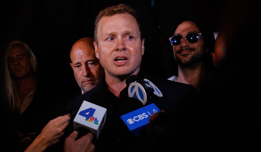 Spencer Pratt, a candidate in the Los Angeles mayoral race, fields interviews during an election night event Tuesday, June 2, 2026, in Los Angeles. (AP Photo/Jill Connelly)