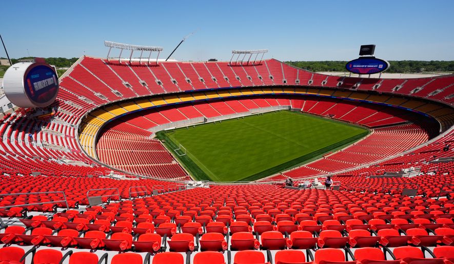 A general view of Arrowhead Stadium as it is rebranded as Kansas City Stadium, Monday, May 11, 2026, ahead of the 2026 FIFA World Cup soccer matches in Kansas City, Mo. (AP Photo/Charlie Riedel)