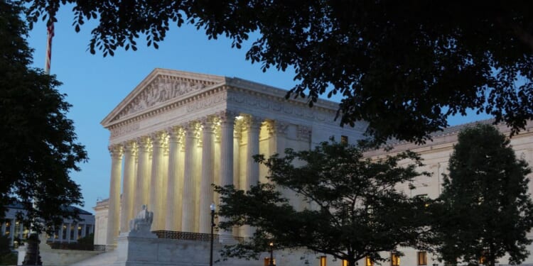 The U.S. Supreme Court is seen at dusk on June 2, 2026, in Washington, D.C.