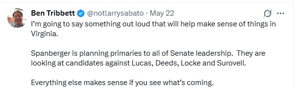 Tweet by Ben Tribbett reporting that Gov. Spanberger is planning to primary several top Democrat senators who fight against her.