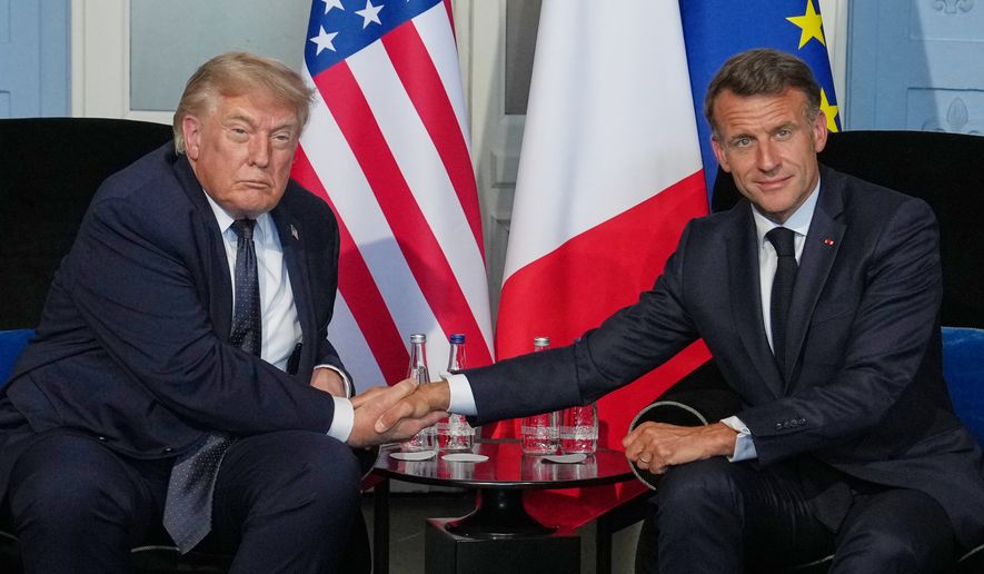 President Donald Trump meets with French President Emmanuel Macron during a bilateral meeting on the sidelines of the G7 summit, Monday, June 15, 2026, in Evian-les-Bains, France. (AP Photo/Julia Demaree Nikhinson)