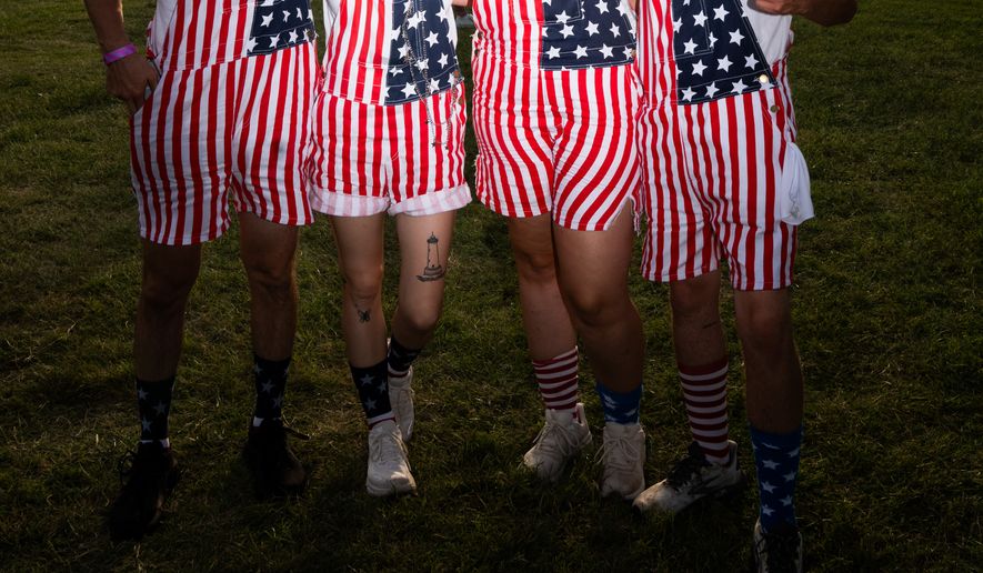 Fans wear America-themed clothing during the UFC Fan Fest on the White House Ellipse ahead of UFC Freedom 250 on the South Lawn, Sunday, June 14, 2026, in Washington. (AP Photo/Allison Robbert)