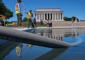 Blue coating is peeling off bottom of newly renovated Reflecting Pool