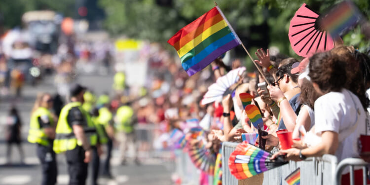 An attendee waves a pride flag at the Capitol Pride Parade on June 20, 2026 in Washington, DC.