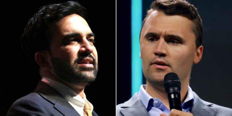 Turning Point USA founder Charlie Kirk, right, warned of the rise of socialist leaders like New York City Mayor Zohran Mamdani, left.
