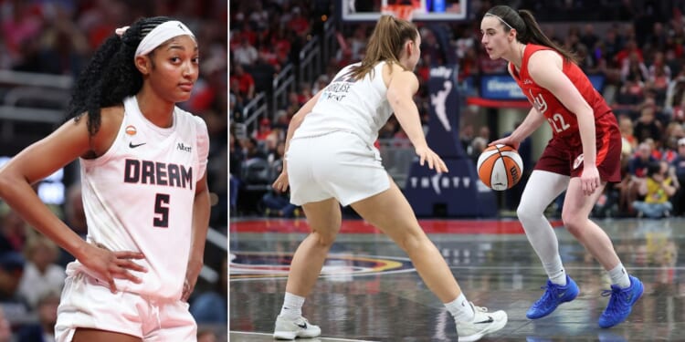 Angel Reese, left, of the Atlanta Dream made it clear she thought her rival, Indiana Fever's Caitlin Clark, far right, was exaggerating the impact of their contact during Thursday's game.