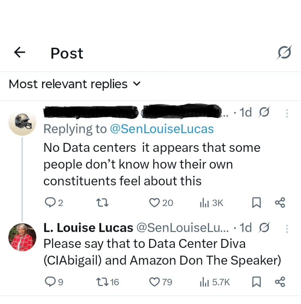 Screenshot of X post where Virginia Sen. Louise Lucas refers to Gov. Spanberger as "Data Center Diva."