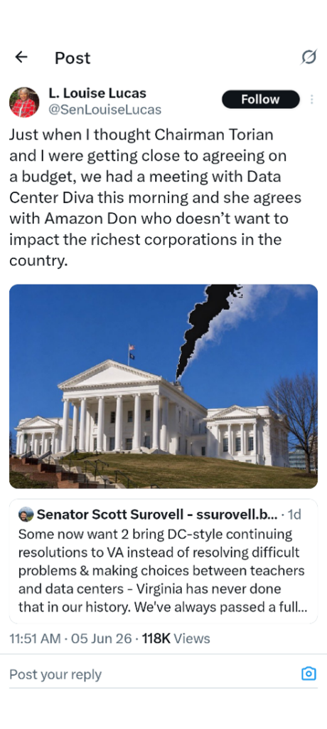 Tweet from Virginia Sen. Louise Lucas blasting Gov. Spanberger as "Data Center Diva."
