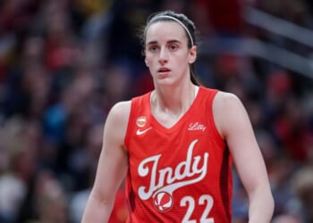 Caitlin Clark of the Indiana Fever walk up the court at a game against the Godlen State Valkyries at Gainbridge Fieldhouse in Indianapolis, Indiana, on May 22, 2026.