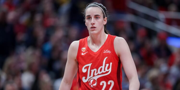 Caitlin Clark of the Indiana Fever walk up the court at a game against the Godlen State Valkyries at Gainbridge Fieldhouse in Indianapolis, Indiana, on May 22, 2026.
