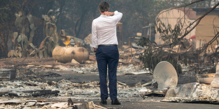 A shot from behind of Gavin Newsom, with his right hand on his neck inspecting fire devastation.