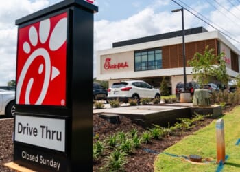 The first elevated Chik-Fil-A restaurant is seen on opening day on Aug. 22, 2024, in McDonough, Georgia. The concept restaurant, the first of its kind for Chik-Fil-A, is drive-through only and has a kitchen above four drive-through lanes with orders being delivered to team members below via a proprietary elevator system.