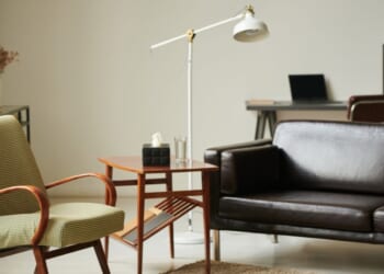A modern interior of a psychologist office with a comfortable sofa and armchair.