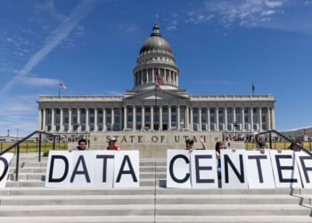 Demonstrators take part in a May 23 protest at the Utah State Capitol to oppose the construction of the Stratos data center in Box Elder County in Salt Lake City, Utah. The proposed data center would be about 40,000 acres and is speculated to use 9 gigawatts of power.