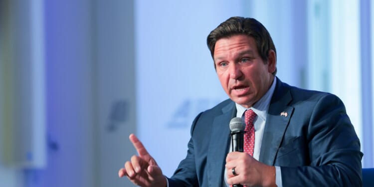 Florida Gov. Ron DeSantis speaks during an event at the American Enterprise Institute for Public Policy Research headquarters on June 3, 2026, in Washington, D.C.