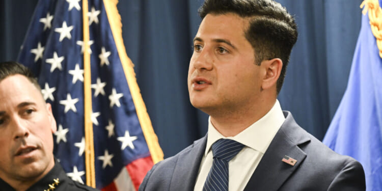 Santa Ana, CA - April 23: First Assistant U.S. Attorney Bill Essayli, speaks at a press conference announcing the results of a Thursday morning takedown of Orange County-based gang members on April 23, 2026, at the Ronald Reagan Federal Building in Santa Ana. (Photo by Anjali Sharif-Paul/MediaNews Group/The San Bernardino Sun via Getty Images)