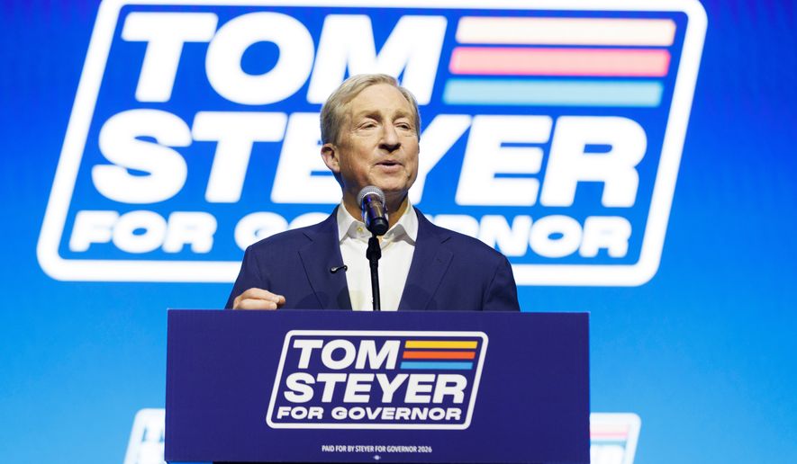 Democratic gubernatorial candidate Tom Steyer speaks during his election night watch party in San Francisco on Tuesday, June 2, 2026. (Santiago Mejia/San Francisco Chronicle via AP)