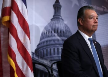 Sen. Alex Padilla listens during a news conference to introduce the Protect our Polls Act at the U.S. Capitol on June 18, 2026, in Washington, D.C.