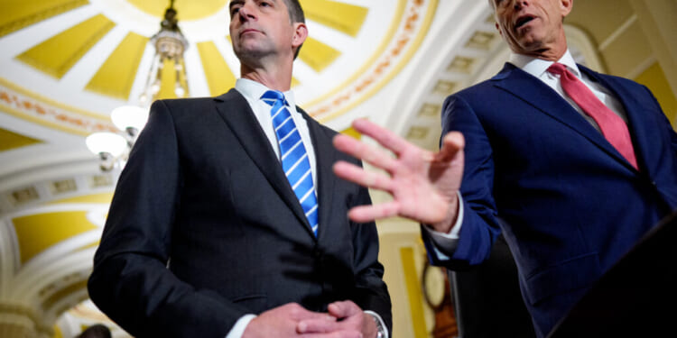 Senate Majority Leader John Thune accompanied by Sen. Tom Cotton.