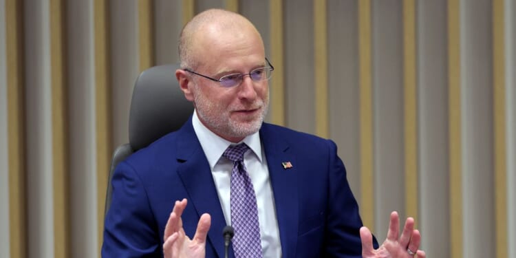 Chairman of the Federal Communications Commission Brendan Carr participates in a FCC meeting at the Federal Communications Commission headquarters on Feb. 18, 2026, in Washington, D.C.