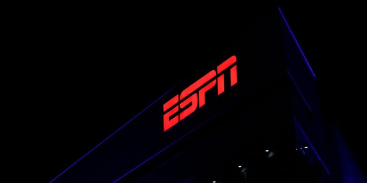 The ESPN logo is displayed at the top of a building in L.A. Live on Dec. 9, 2025, in Los Angeles, California.