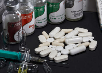 Anabolic steroids and performance-enhancing drugs such as super susto, deca-durabolin, testdyne rapid, nandrolone, testosterone, several pills and a syringe photographed for a feature on December 13, 2017 in Worgl, Austria.