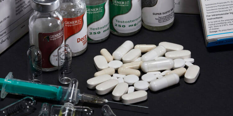 Anabolic steroids and performance-enhancing drugs such as super susto, deca-durabolin, testdyne rapid, nandrolone, testosterone, several pills and a syringe photographed for a feature on December 13, 2017 in Worgl, Austria.