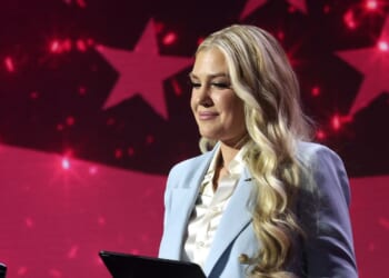Turning Point USA CEO Erika Kirk speaks during a Turning Point USA event at the Dream City Church on April 17, 2026, in Phoenix, Arizona.